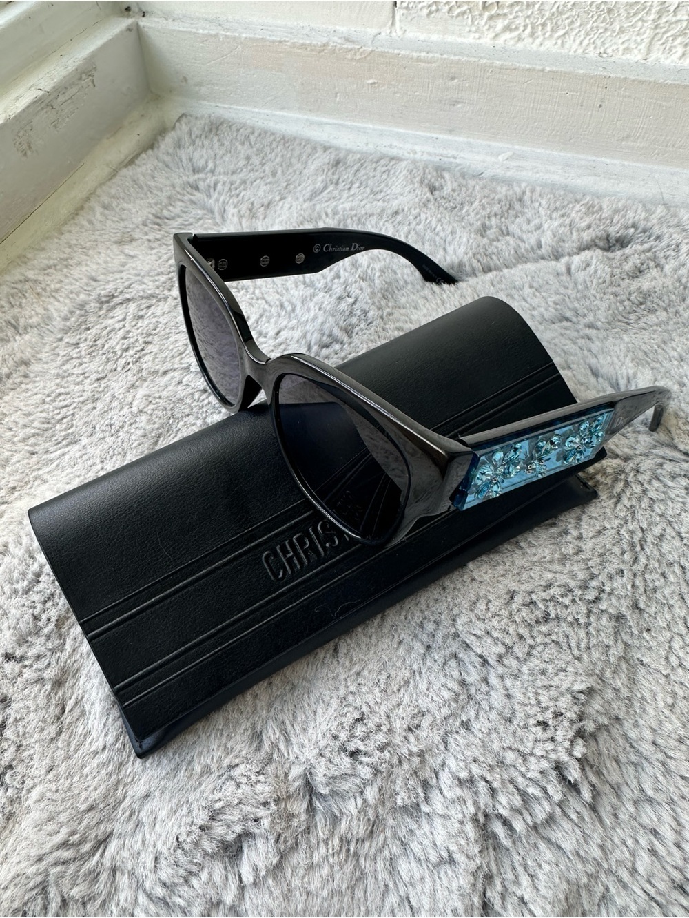 CHRISTIAN DIOR MERCURIAL Black Blue Crystal Floral Rhinestone Bold Sunglasses